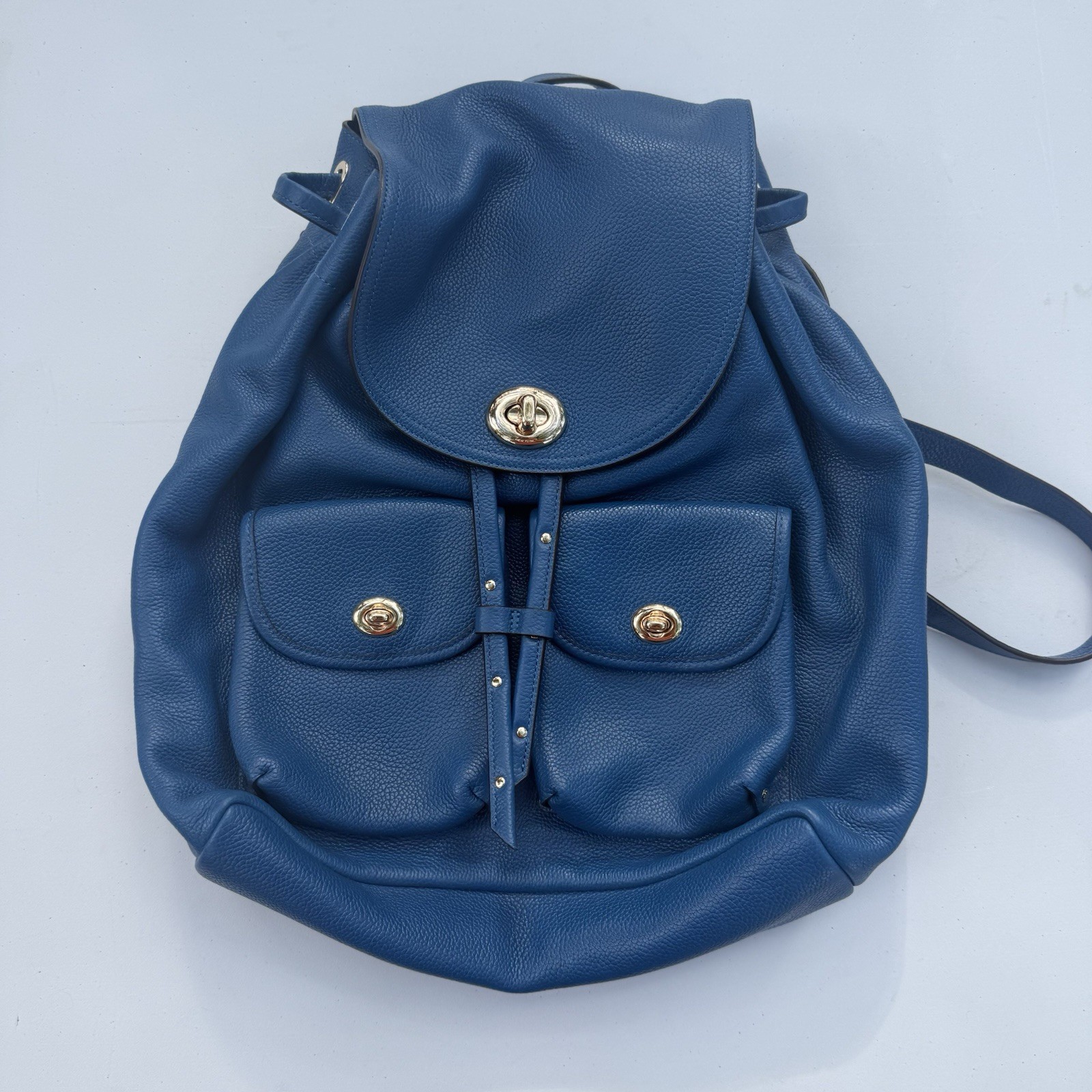 Coach Blue Pebbled Drawstring Backpack, Turn Lock, Gold Hardware, Pockets