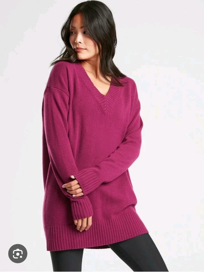 Athleta Women’s Large Wool Cashmere V-Neck Tunic Sweater Mulberry Pink Oversized