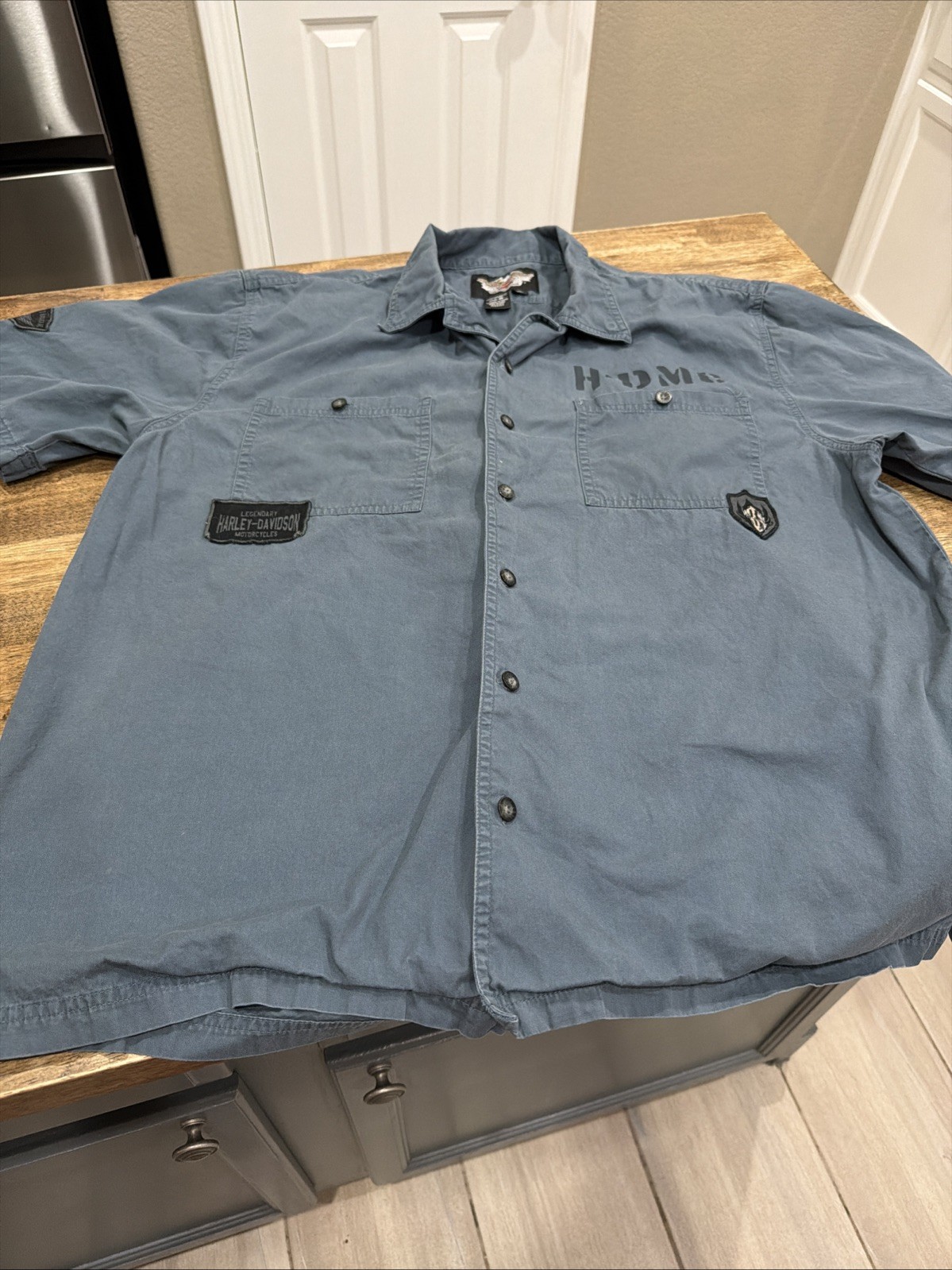 Harley Davidson Blue/grey Button Down Short Sleeve H-DMC Size XL Patch Work