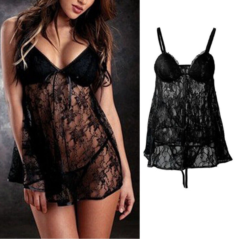 Plus Size Women Sexy Lingerie Chemise Babydoll Sleepwear Lace Dress G-string US