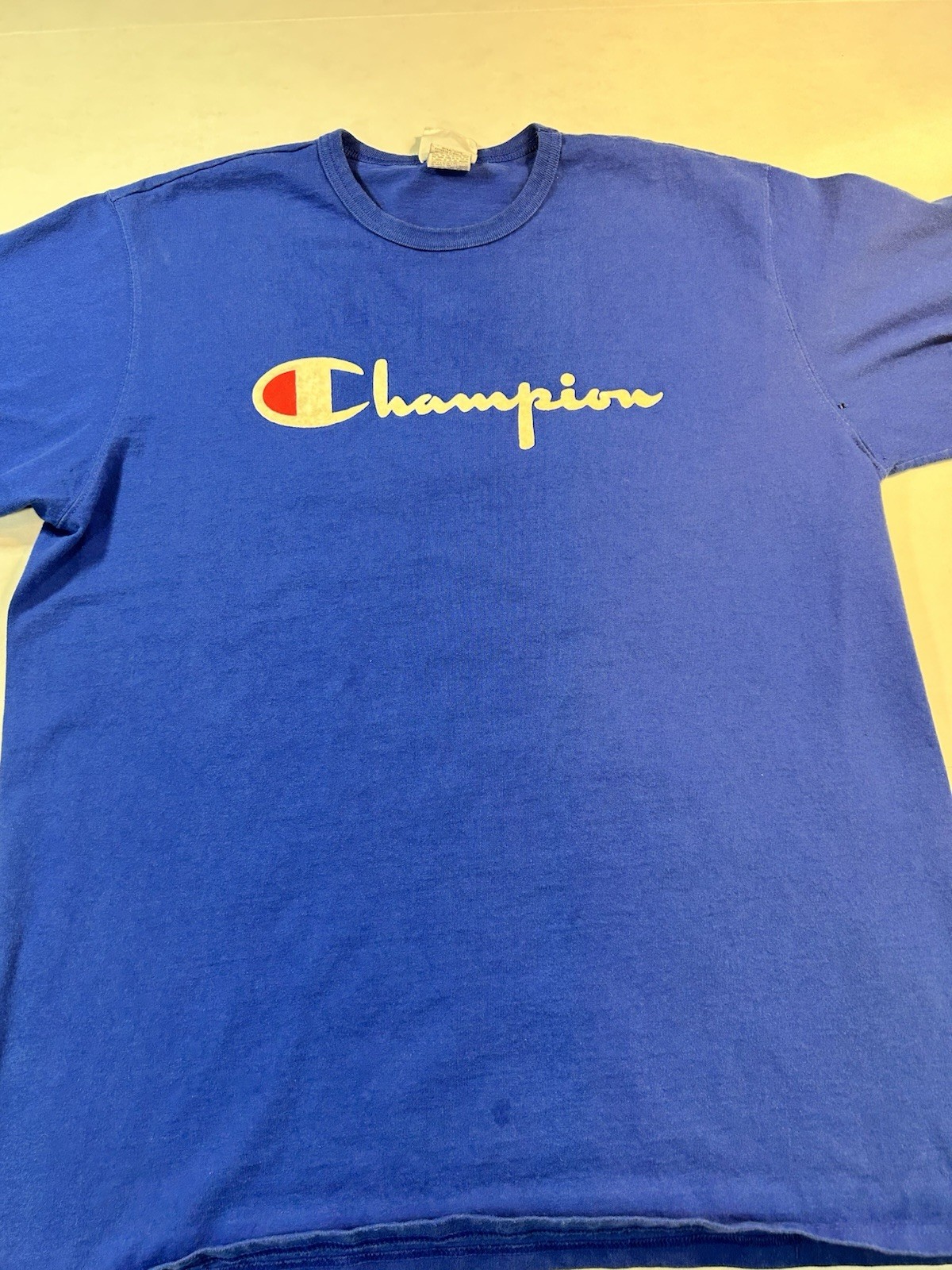 VINTAGE Champion Shirt Mens 2XL Blue Spellout Embroidered VTG Small Hole GT19