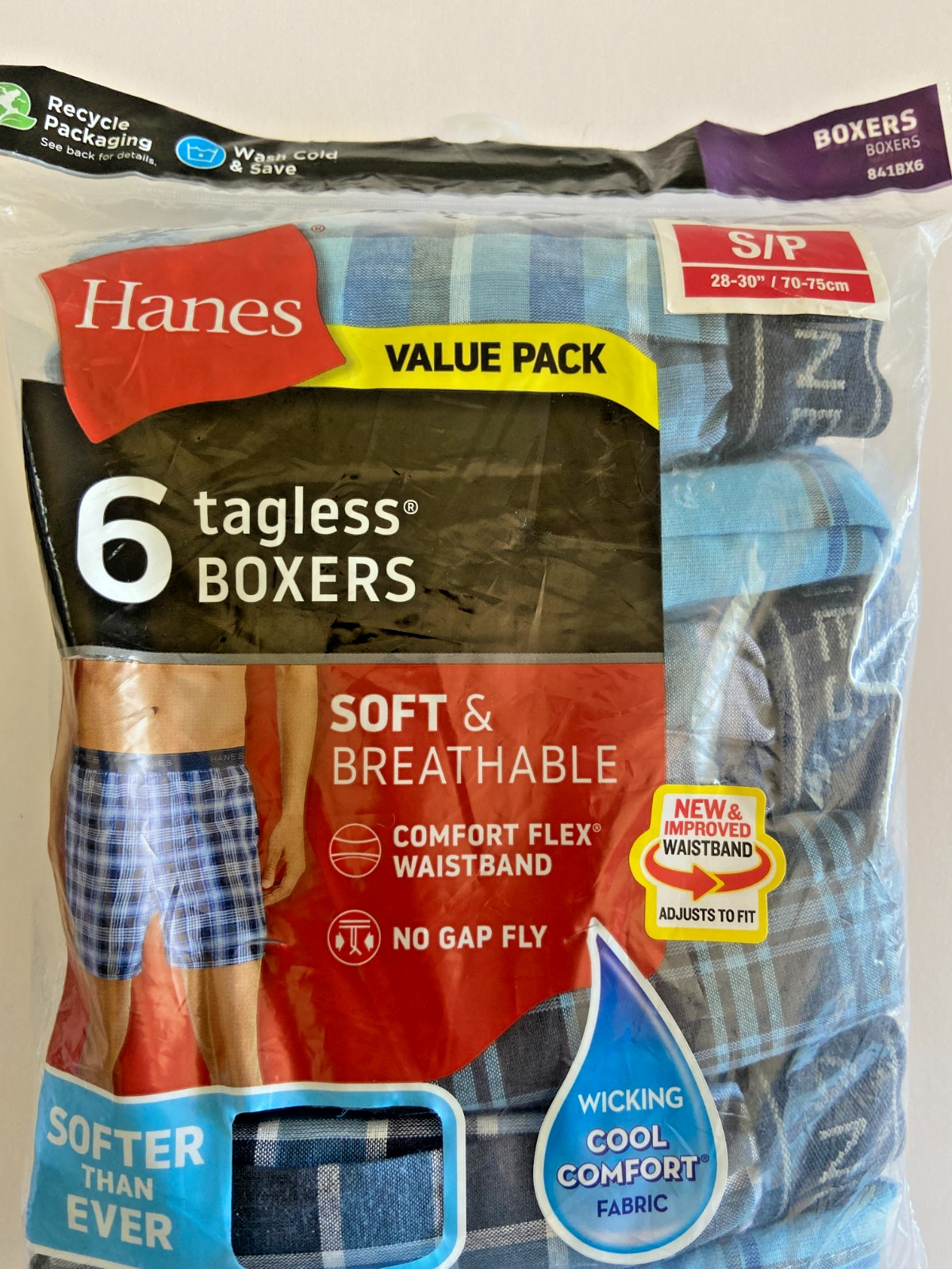 6-Pack HANES Men’s Size S Tagless Boxers Wicking Cool Comfort Plaid No Gap Fly