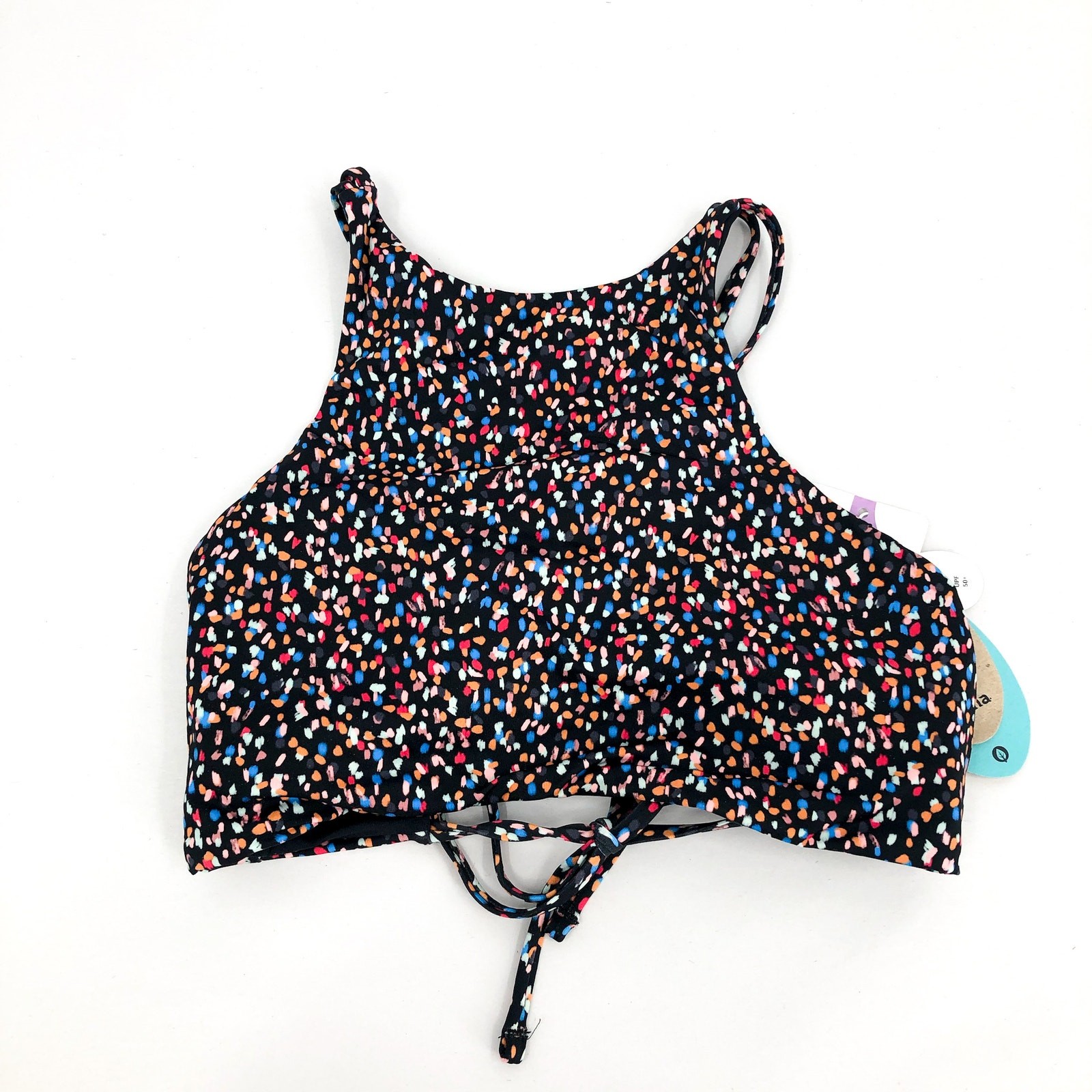 PRANA Women’s Onyx Bay Bikini Top Medium Black Alotta Dots High Neck NWT