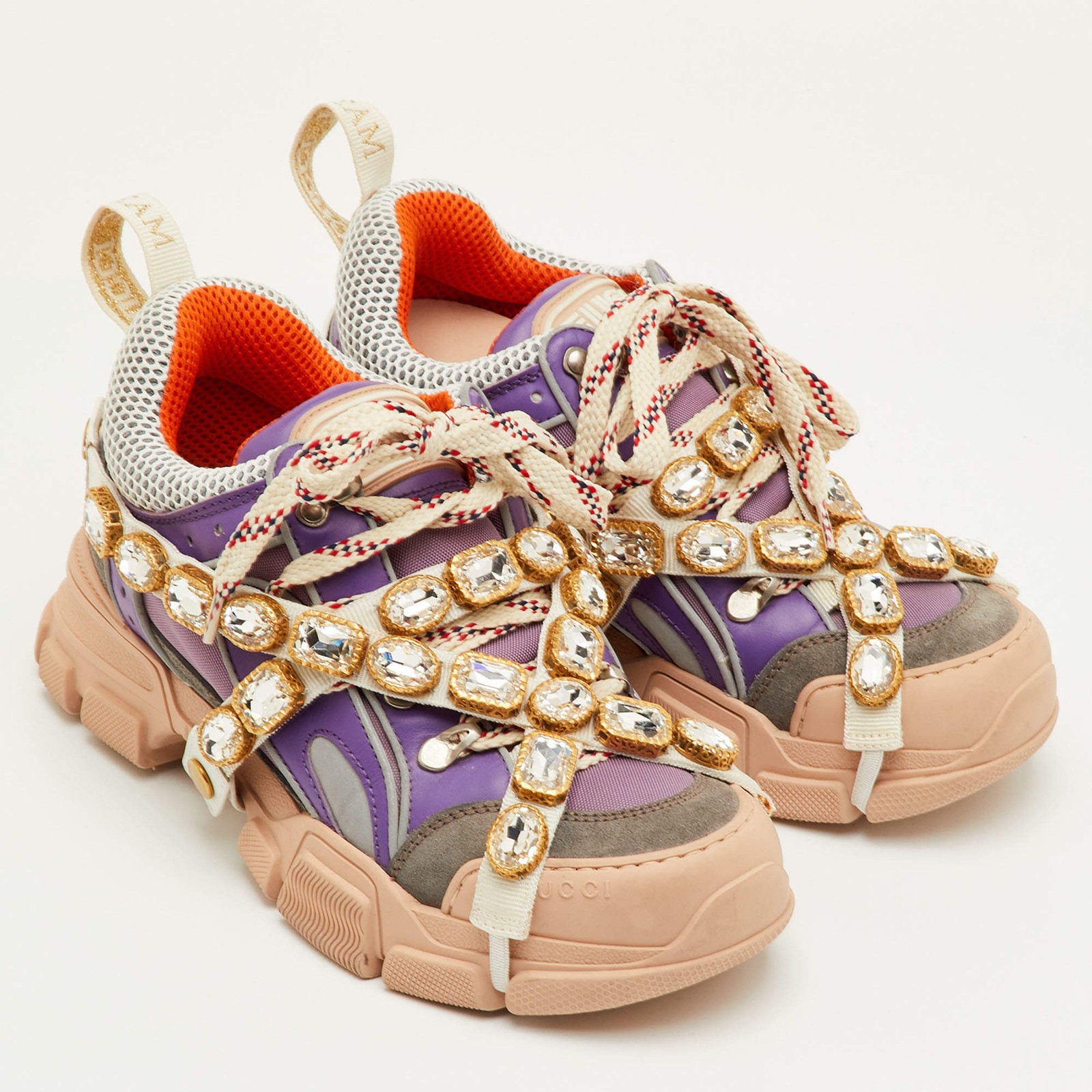 Gucci Flashtrek Size 37.5 Multicolor Mesh and Leather Removable Crystals