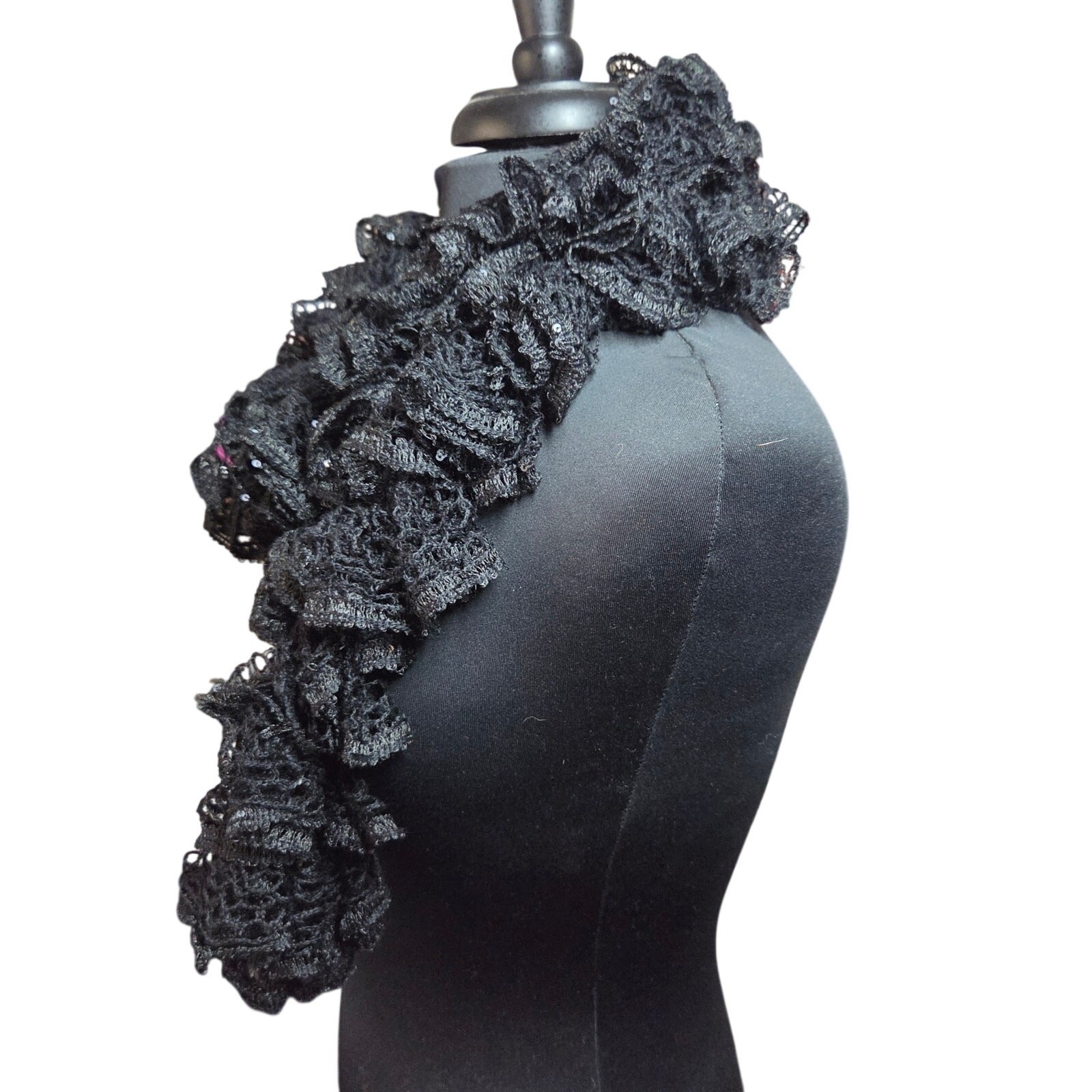 Handmade Crochet Ruffle Scarf Metallic Black