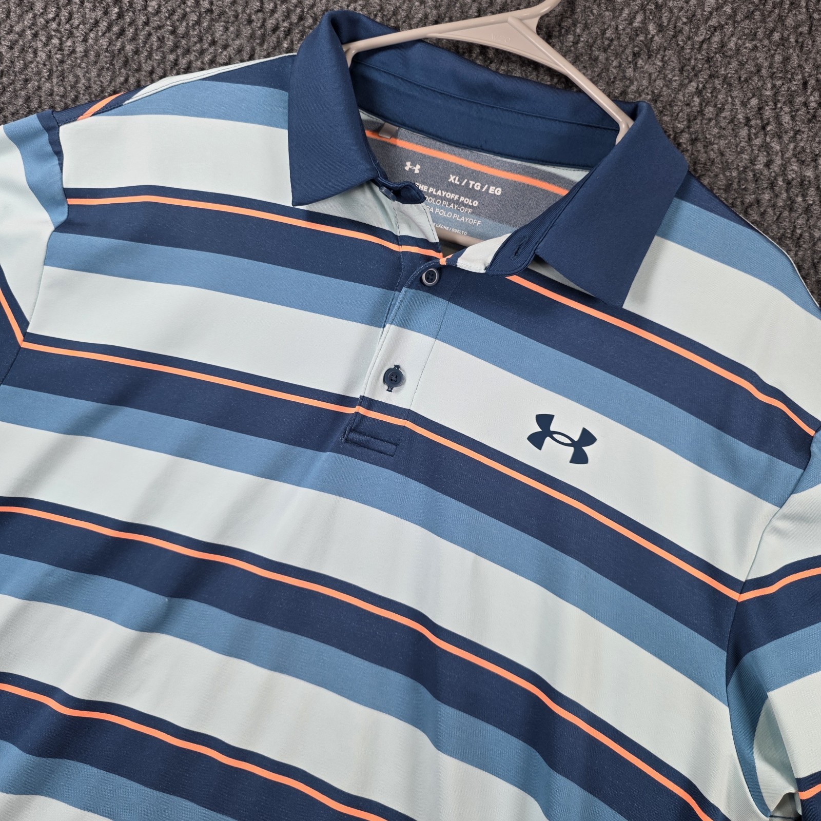 Under Armour Playoff Polo Shirt Mens XL Blue Coral Striped Loose Fit Golf Casual