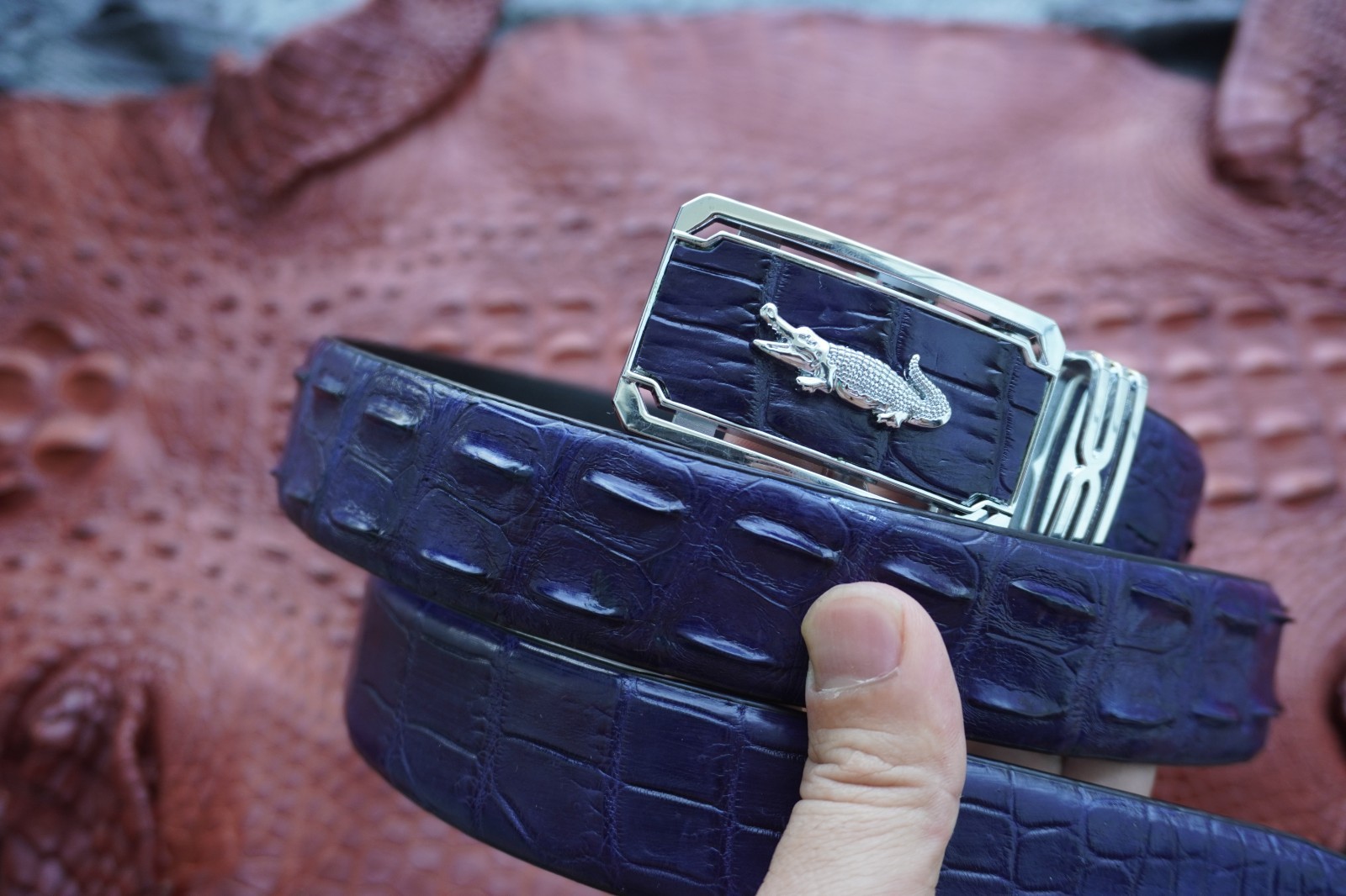 W 1.3 inch – Blue Real CROCODILE Hornback LEATHER Skin Men’s Belt #P24