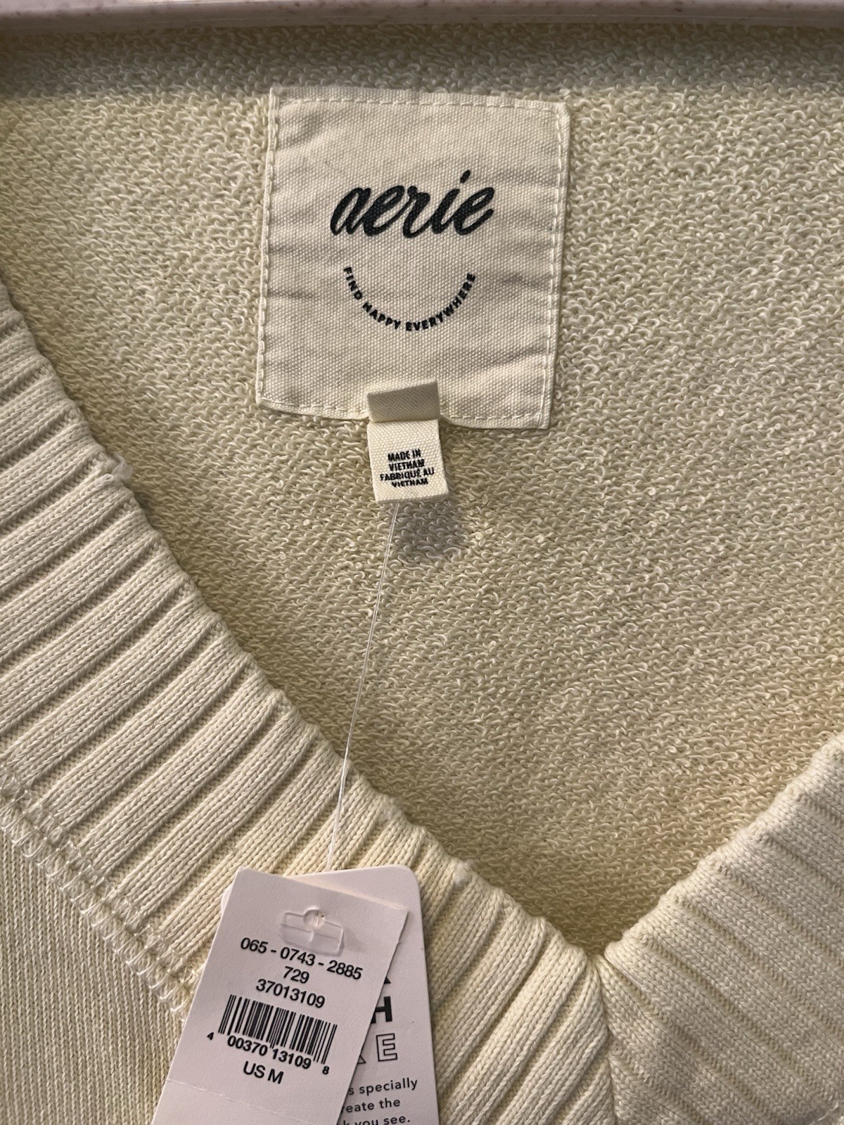 Aerie Yellow Solid Cotton Knit V-Neck Oversized Ribbed Pullover Sweater M