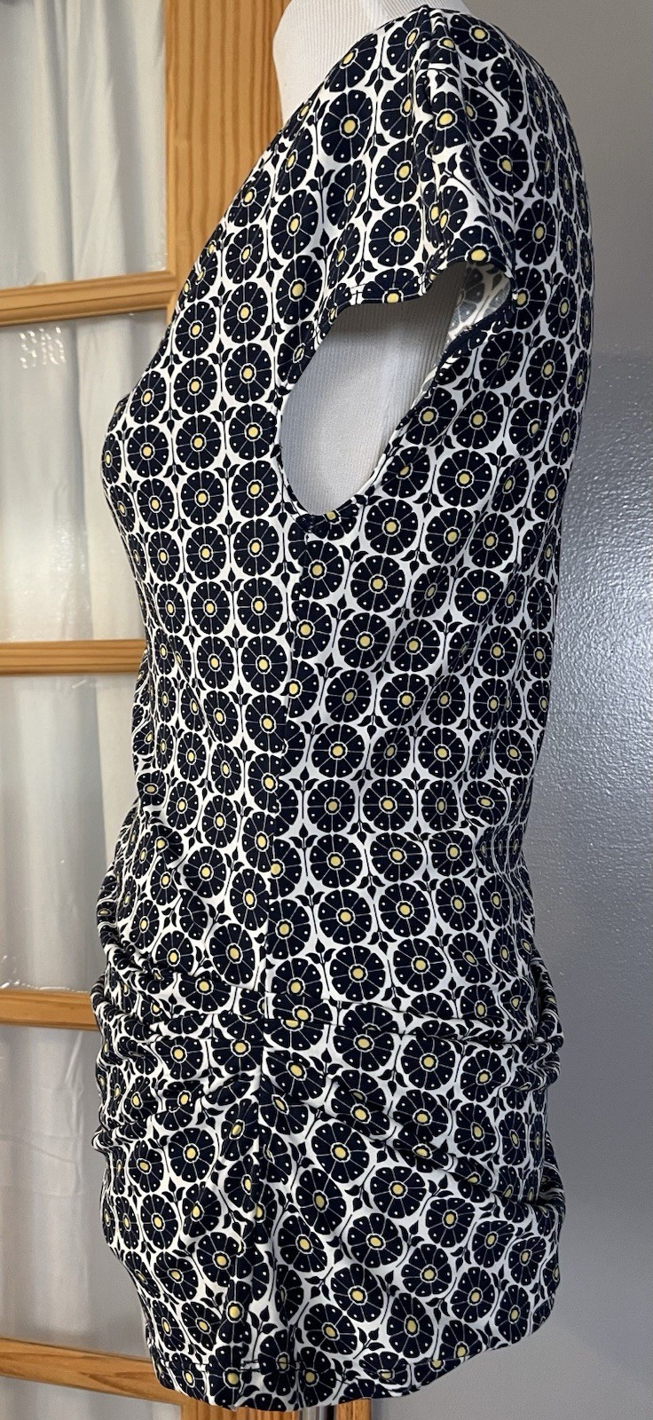 Max Studio floral Cowl Neck Blouse Sz L Black Side Ruched Pullover Career City