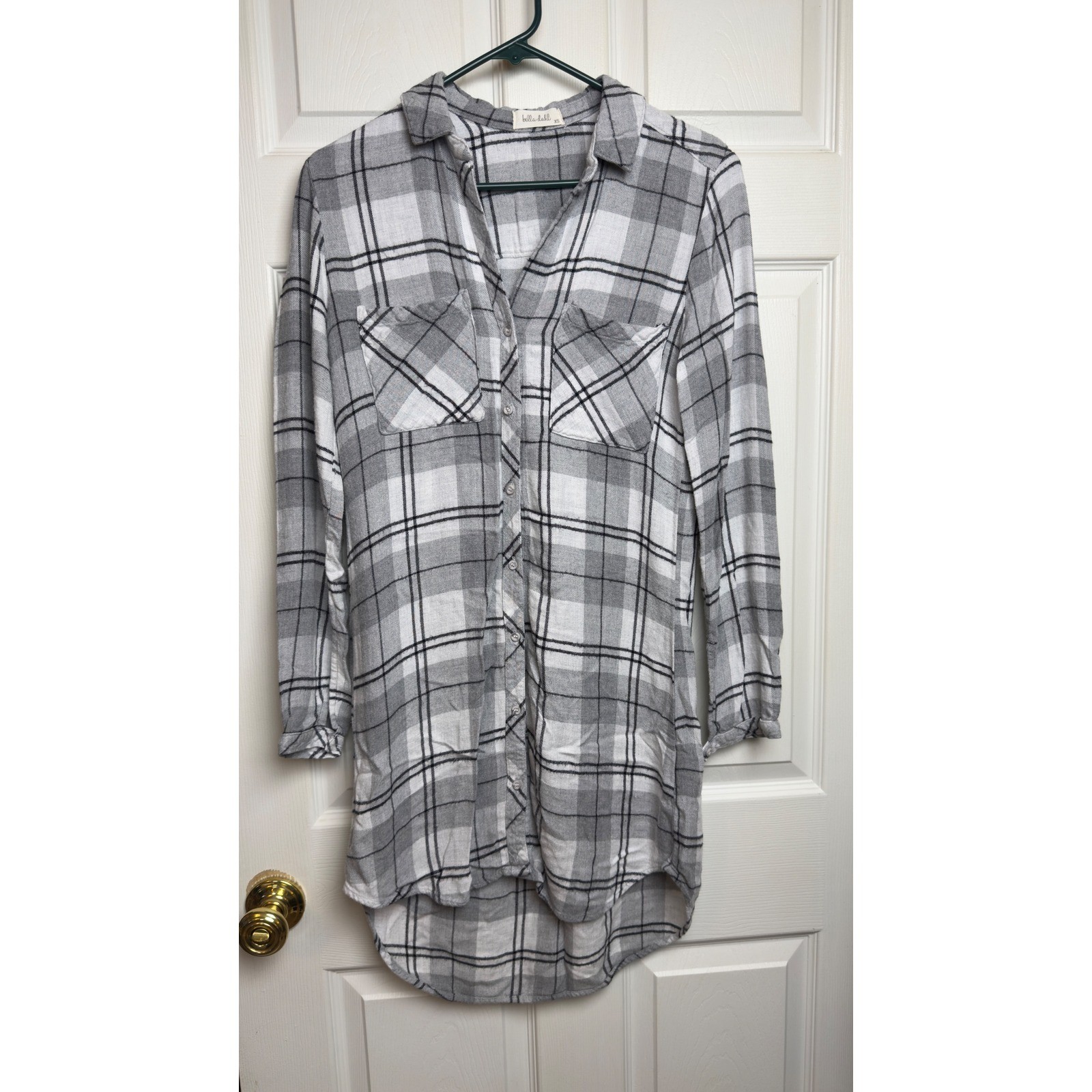 Bella Dahl Grey White Plaid Button Down Shirt Dress Womens XS Longline High Low