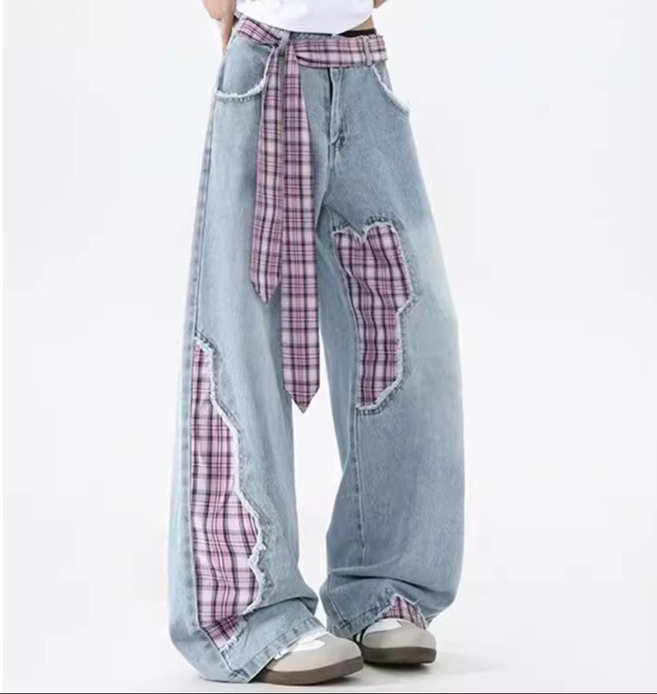 Men’s Blue Black Denim Jeans Plaid Mixed Casual Punk Hip Hop Pants Trousers New