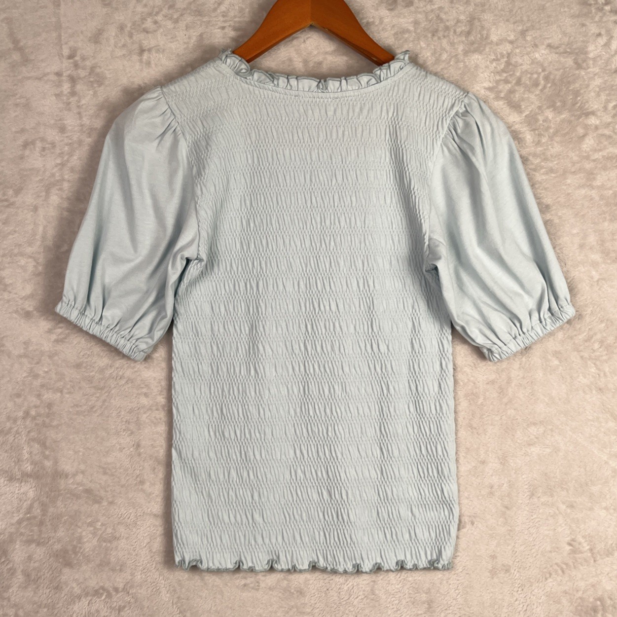 LOFT Smocked Top Puff Sleeve Petite XXS Light Blue Blouse Chic Feminine Coastal