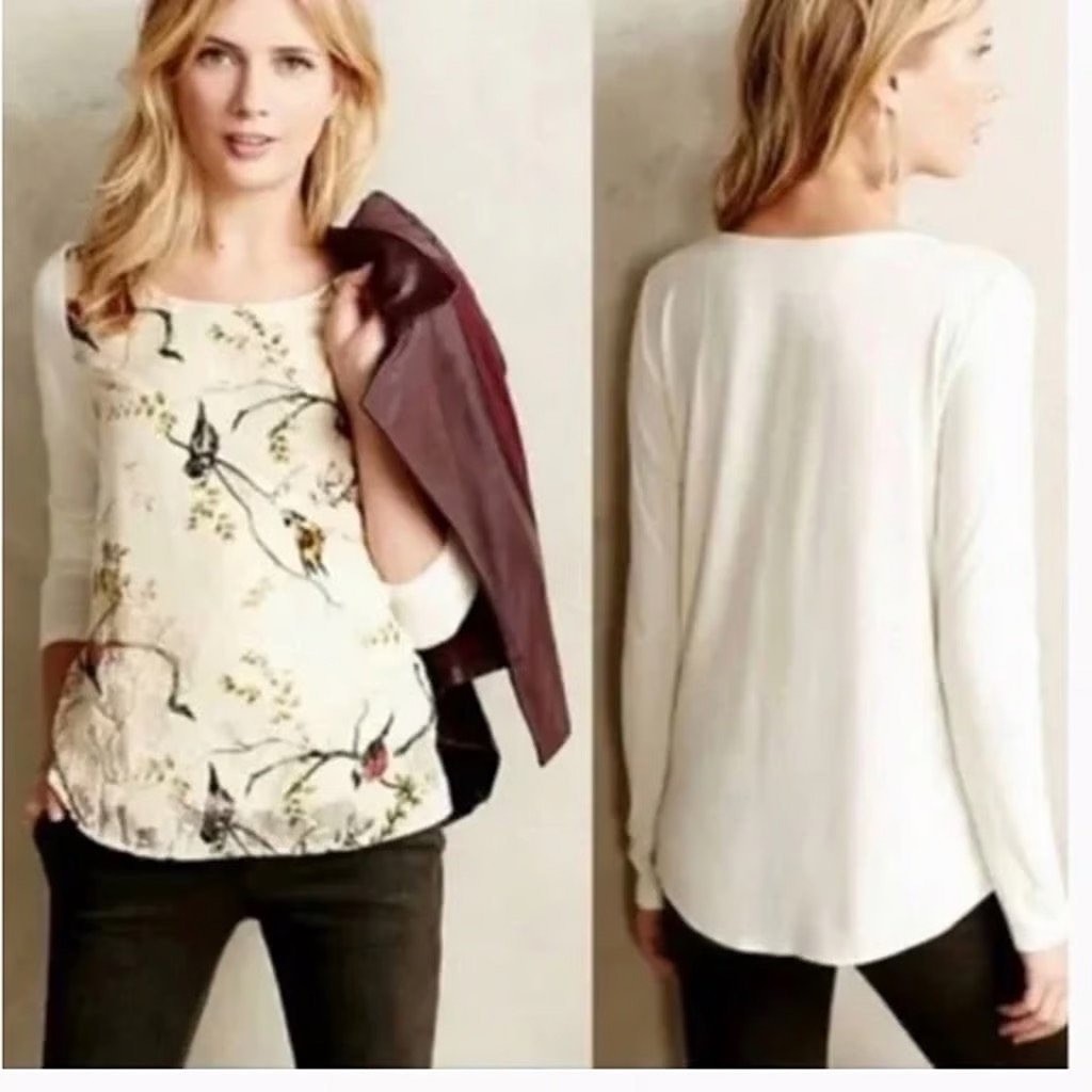 Anthropologie Deletta Bird Print Velvet Burnout Mixed Media Top Ivory Small