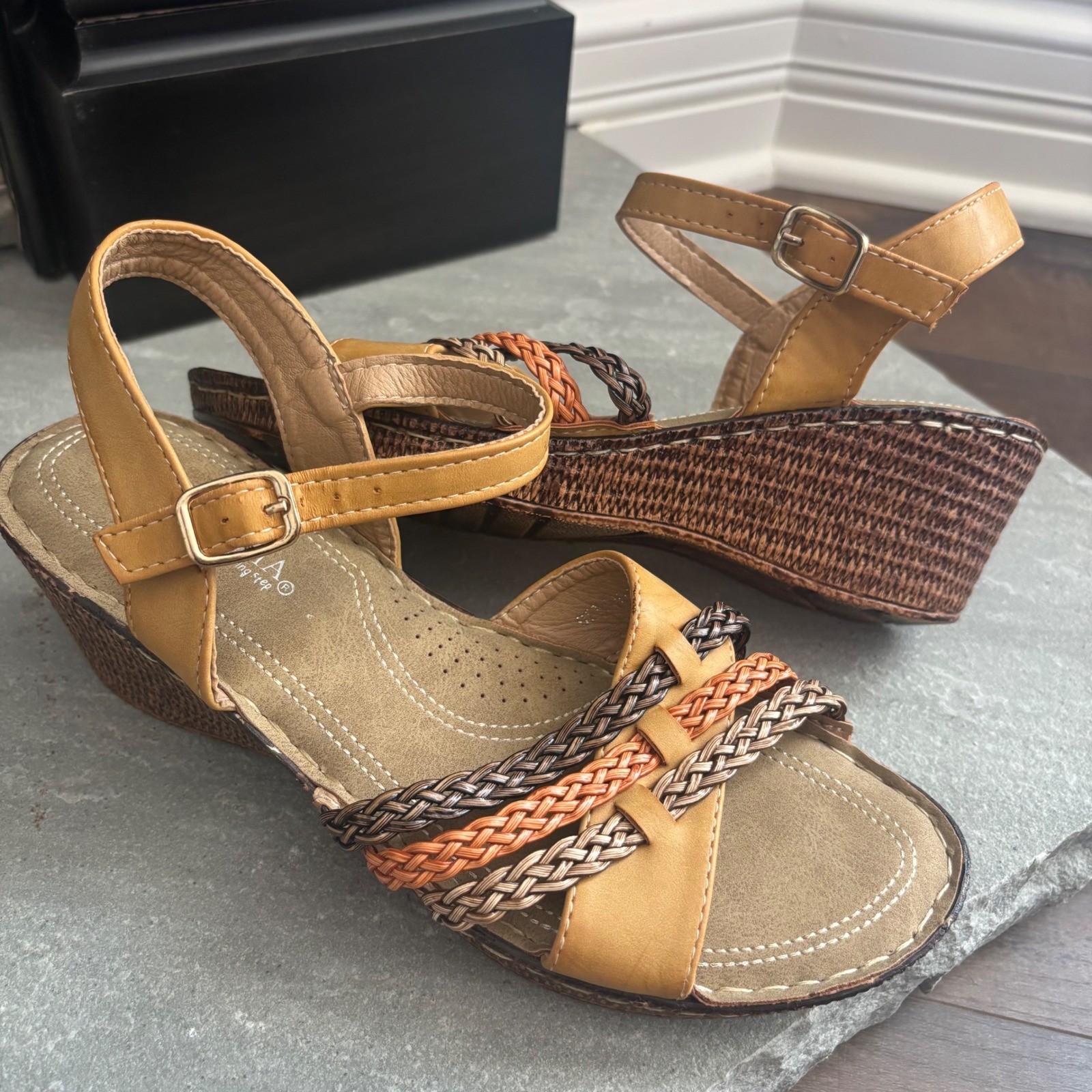 Patrizia Spring Step Wedge Sandals Mustard Yellow Multi Colored Braided Straps