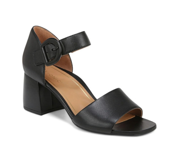 VIONIC Chardonnay Heeled Sandal – Black Leather, Medium (NEW)