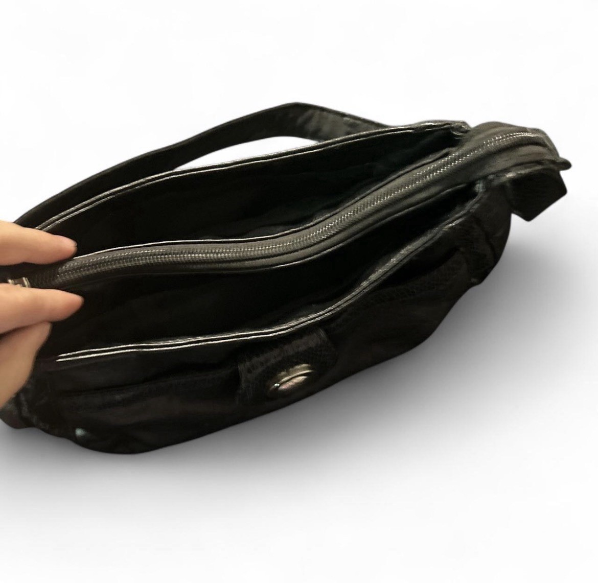 Black Small Crescent Shoulder Bag Zip Turn Lock Silver Lined Detach Strap