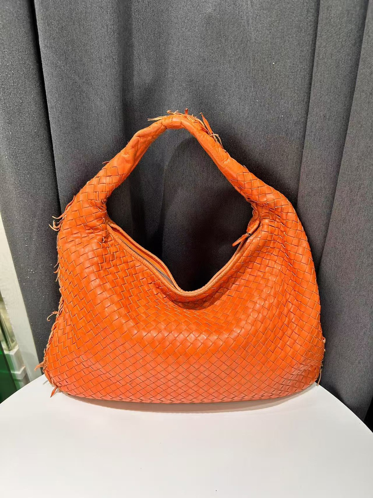 Authentic Bottega Veneta Handbag Hobo Orange Intrecciato Woven Leather Italy