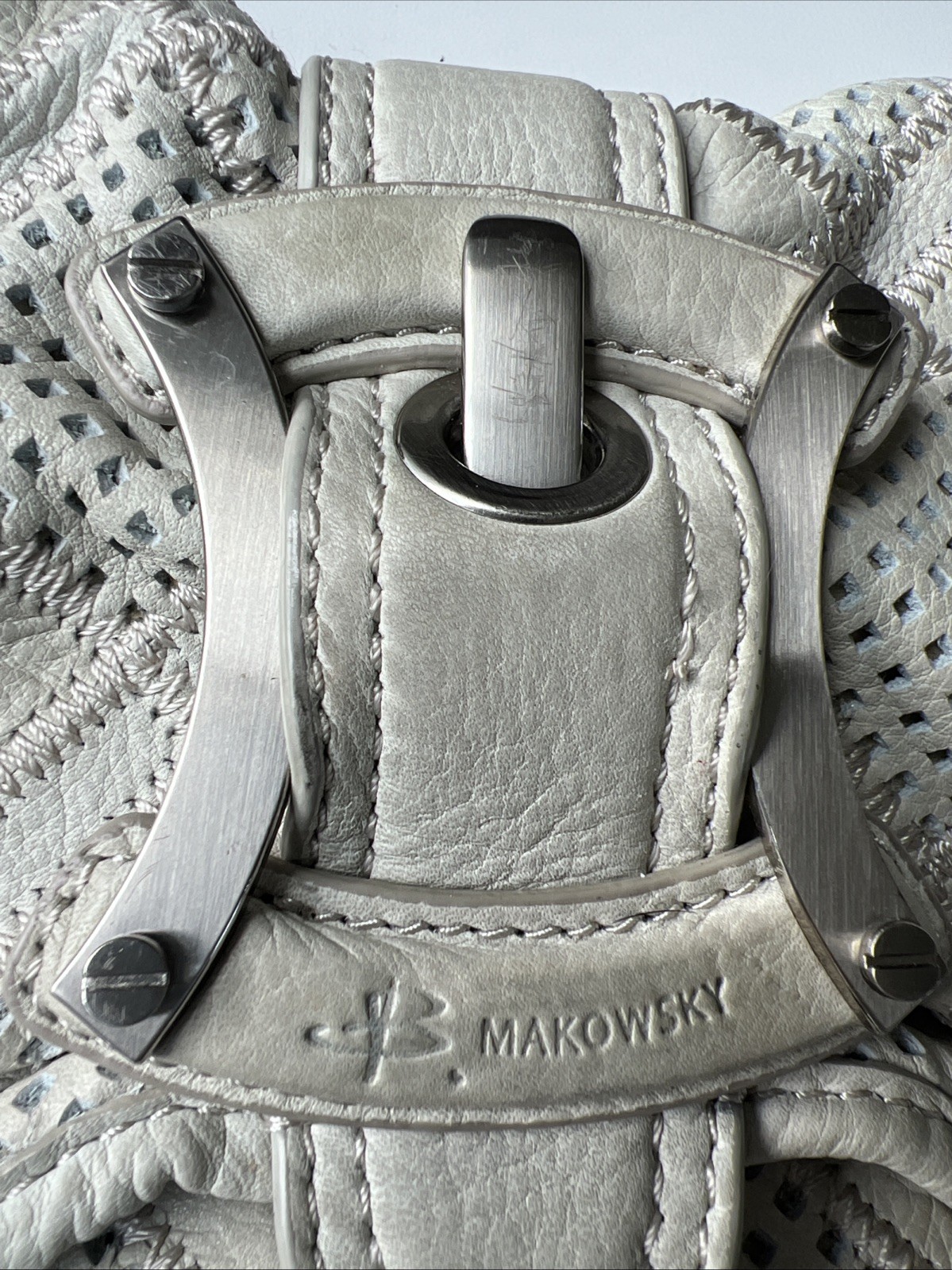 Makowsky Gray Leather Shoulder Bag Perforated Patchwork Silver Hardware Purse
