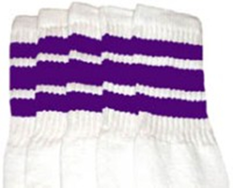 19” MID CALF WHITE tube socks with PURPLE stripes style 1 (19-23)