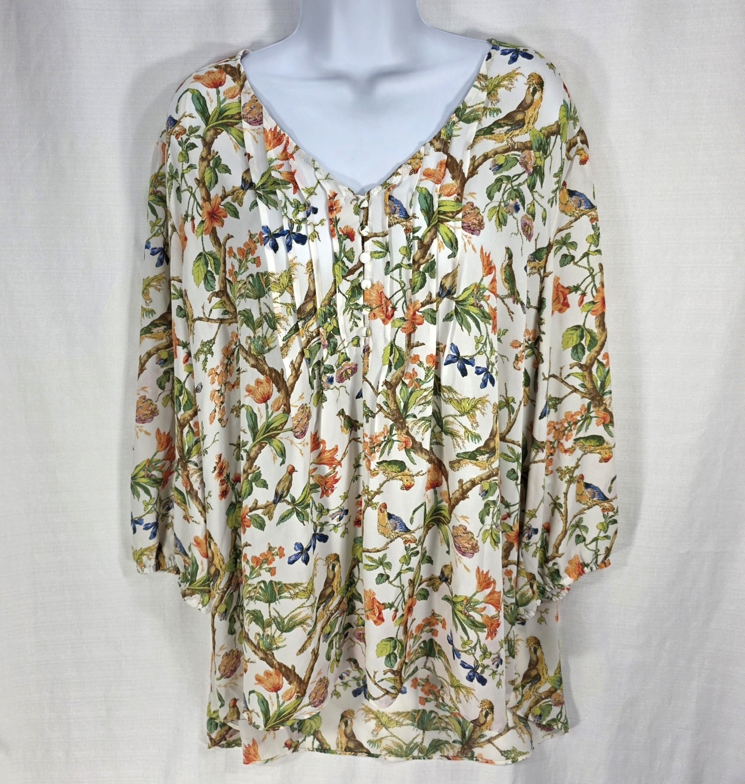 Rose + Olive Womens 3X White Bird Print Floral Blouse 3/4 Sleeve Pintuck High Lo