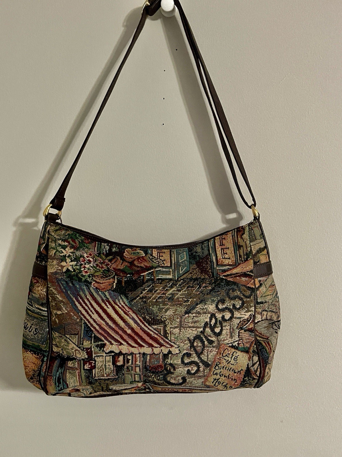 Vintage Sas Needlepoint Tapestry Shoulder Bag Purse Cafe Scene Boho Western
