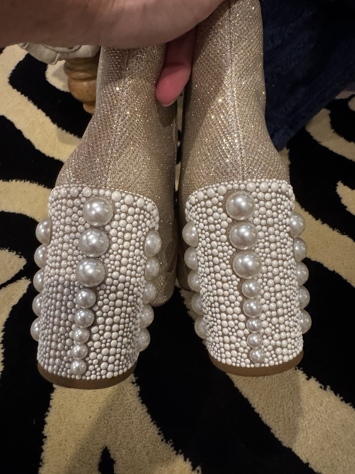 Betsy Johnson Women’s Gold Textile Pointed Toe Ankle Bootie Zip Pearl 8M