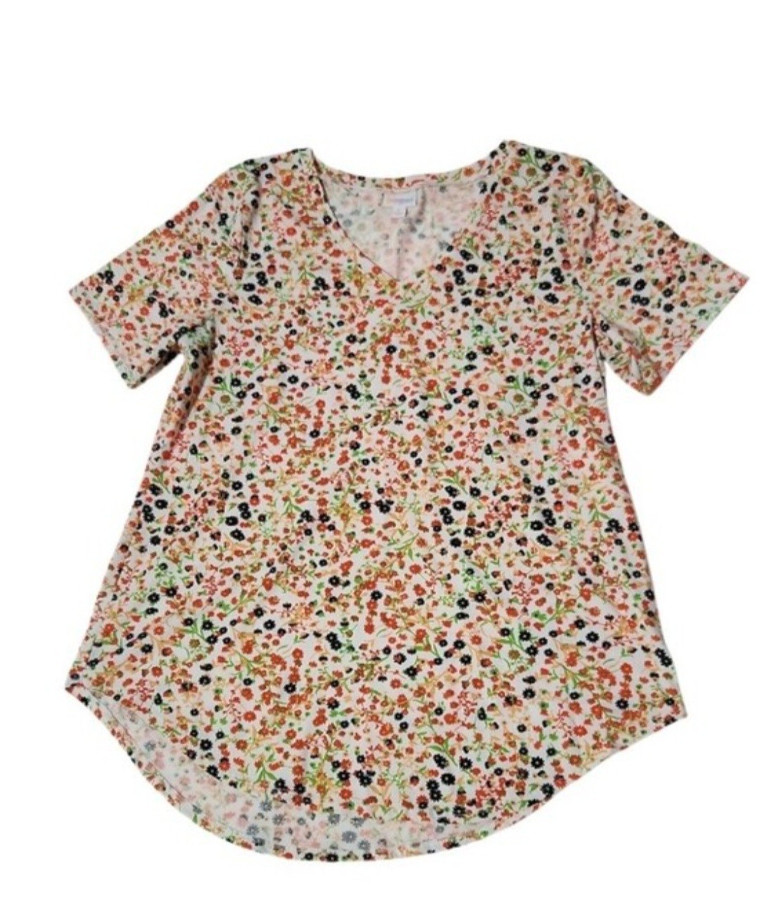 LuLaRoe Vibrant Mini Floral Print Short Sleeve V-Neck Top (L)