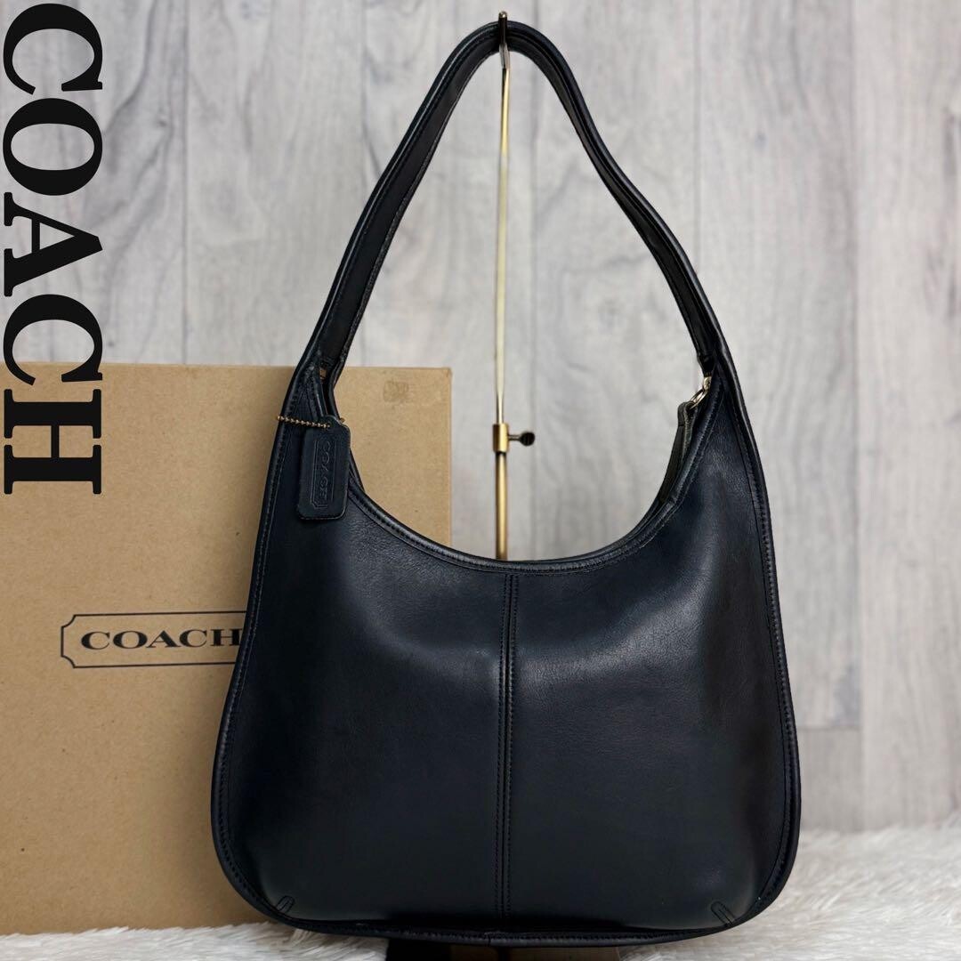 Vintage COACH Black Leather Shoulder Bag USA Made Logo Charm 12.6in