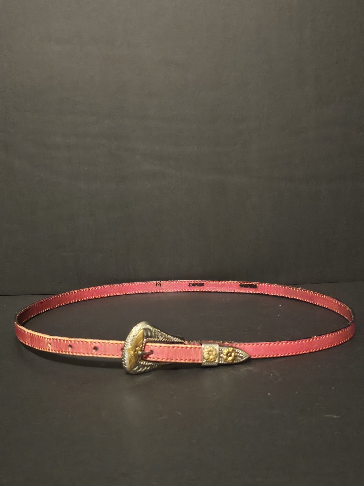 Vtg Joan & David Too Red Calfskin Leather Belt with Nickel Sliver Belt Buckle.