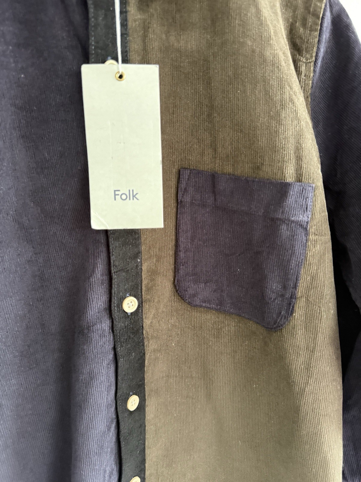 Folk Harper Colour Block Corduroy Shirt Mens Small 2 Khaki Navy Button Up BNWT