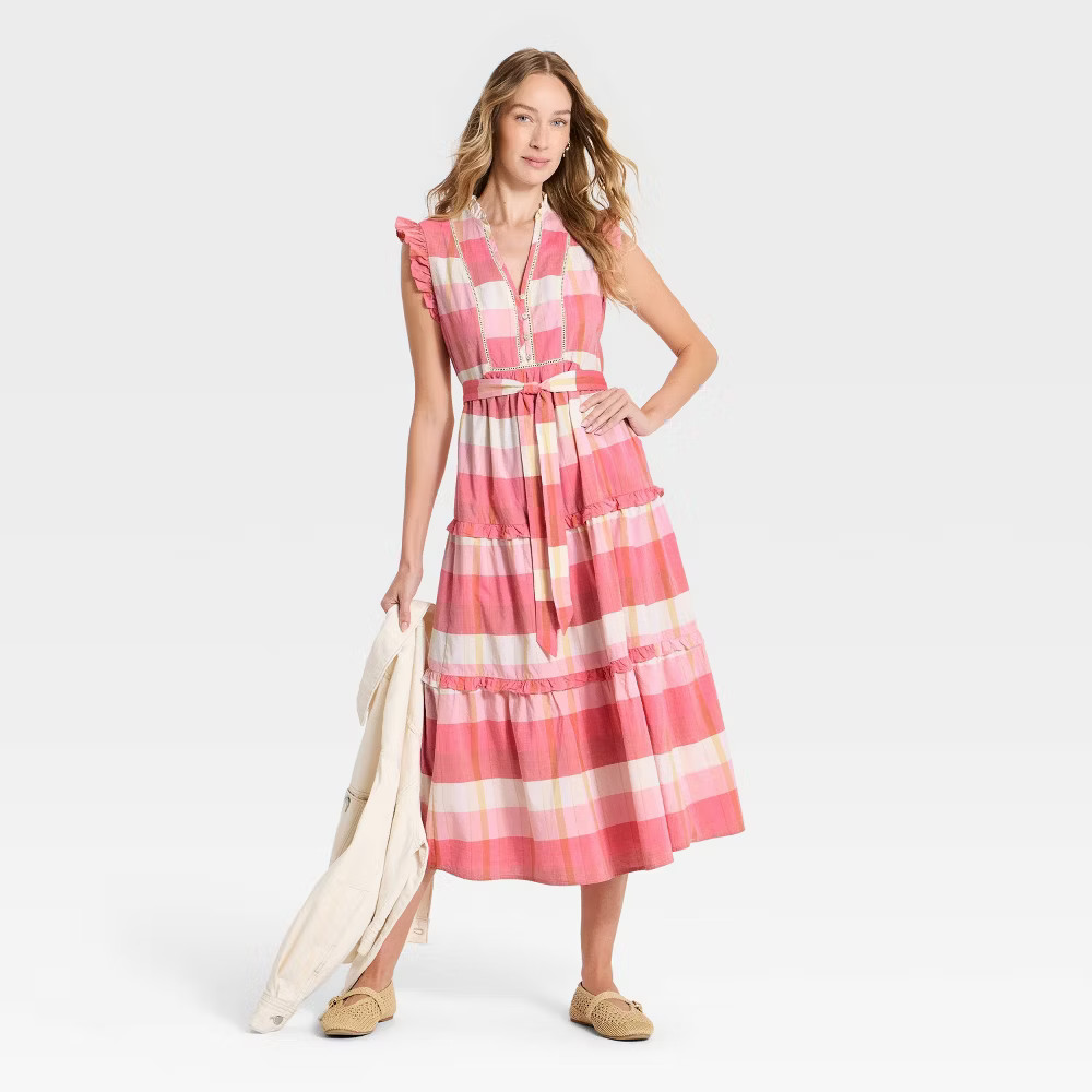 Women Flutter Short Sleeve Ruffle Maxi A-Line Dress – Universal Thread Pink