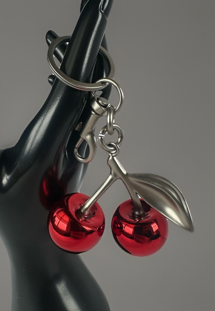 Mirrored Red Double Cherry Bag Charm | SILVER Keychain + Premium Velvet Dust Bag