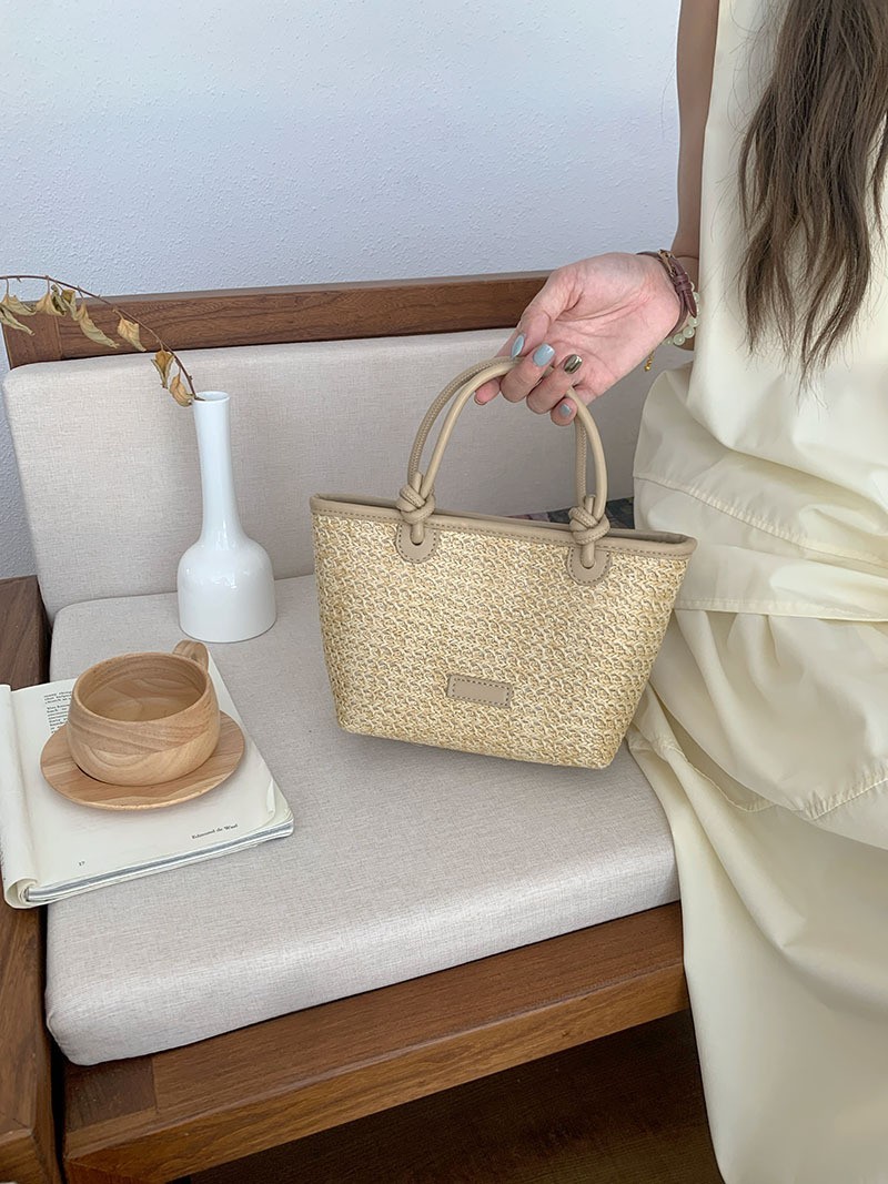 Straw Woven Crossbody Top Handle Knot Bucket Bag for Women Handbags