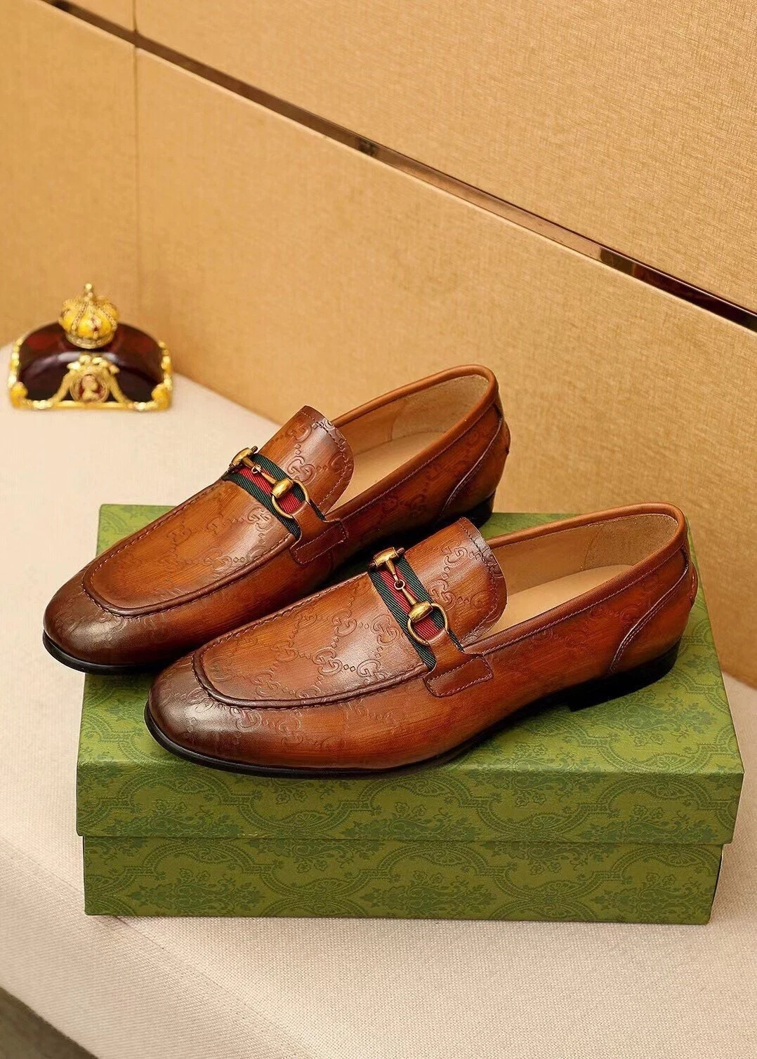 Gucci Men’s Horsebit Web GG Loafers Brown Leather Slip On Dress Shoes