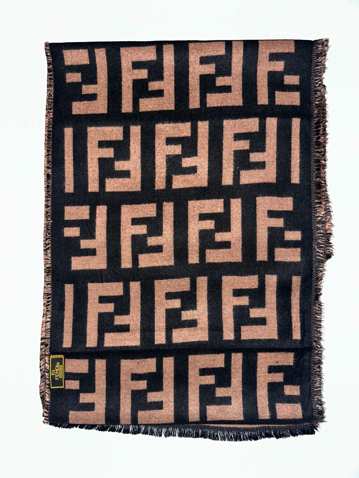 VTG Fendi Zucca Monogram Wool Scarf Brown Black FF Logo Fringe Made in Italy