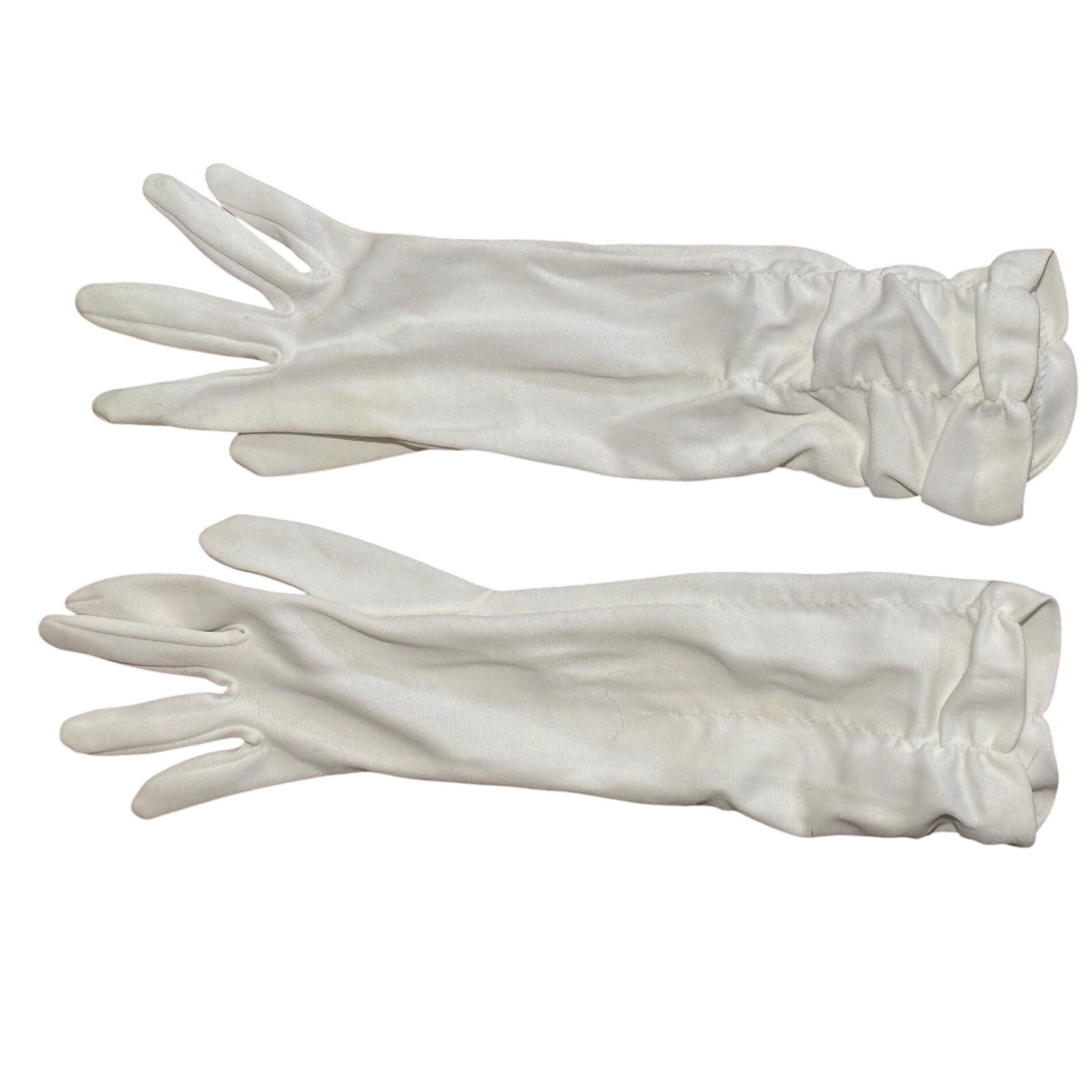 Vintage Ivory Gloves Nylon? Adult Small? Rouched Mid Elbow Mid Century 1950-60s