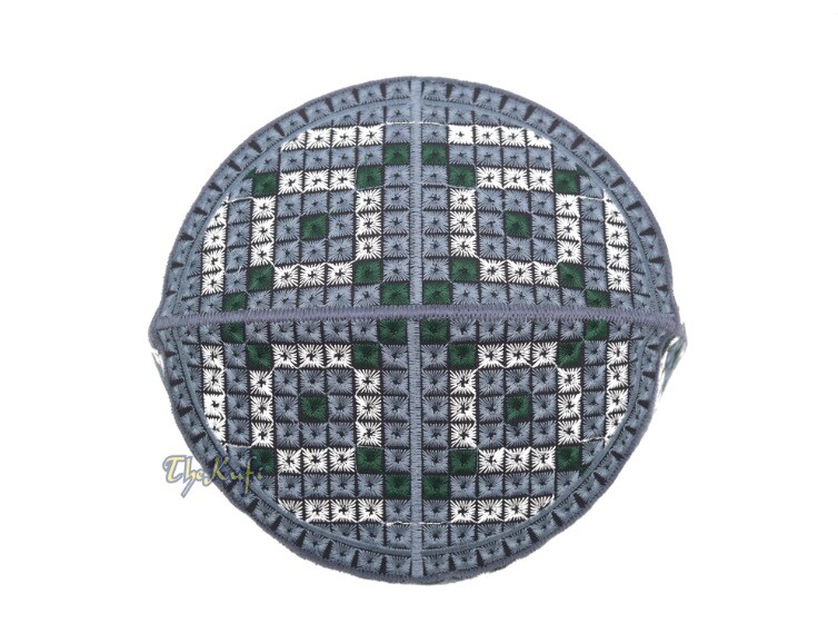 White Gray and Green Embroidered Diamond Design Semi-rigid Pakistani-style Kufi
