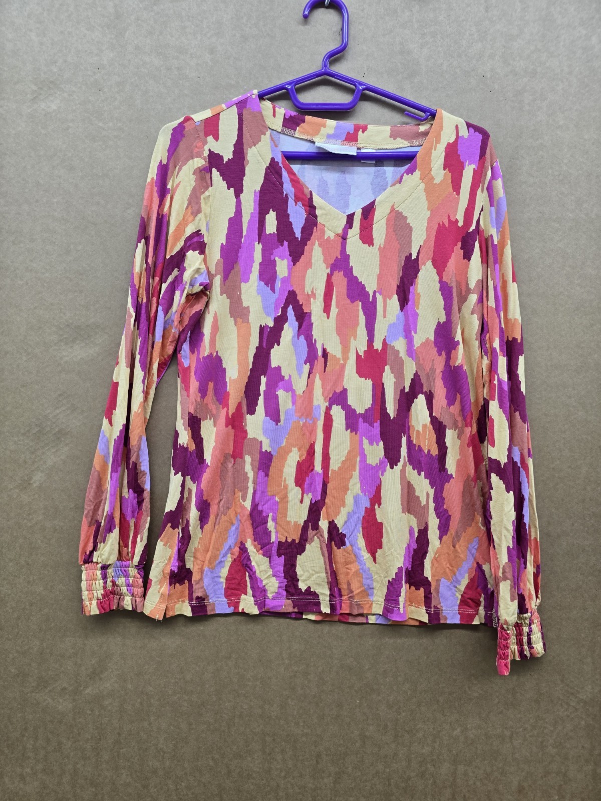 Belle by Kim Gravel Multicolor Abstract V-Neck Long Sleeve Stretch Knit Top XXS