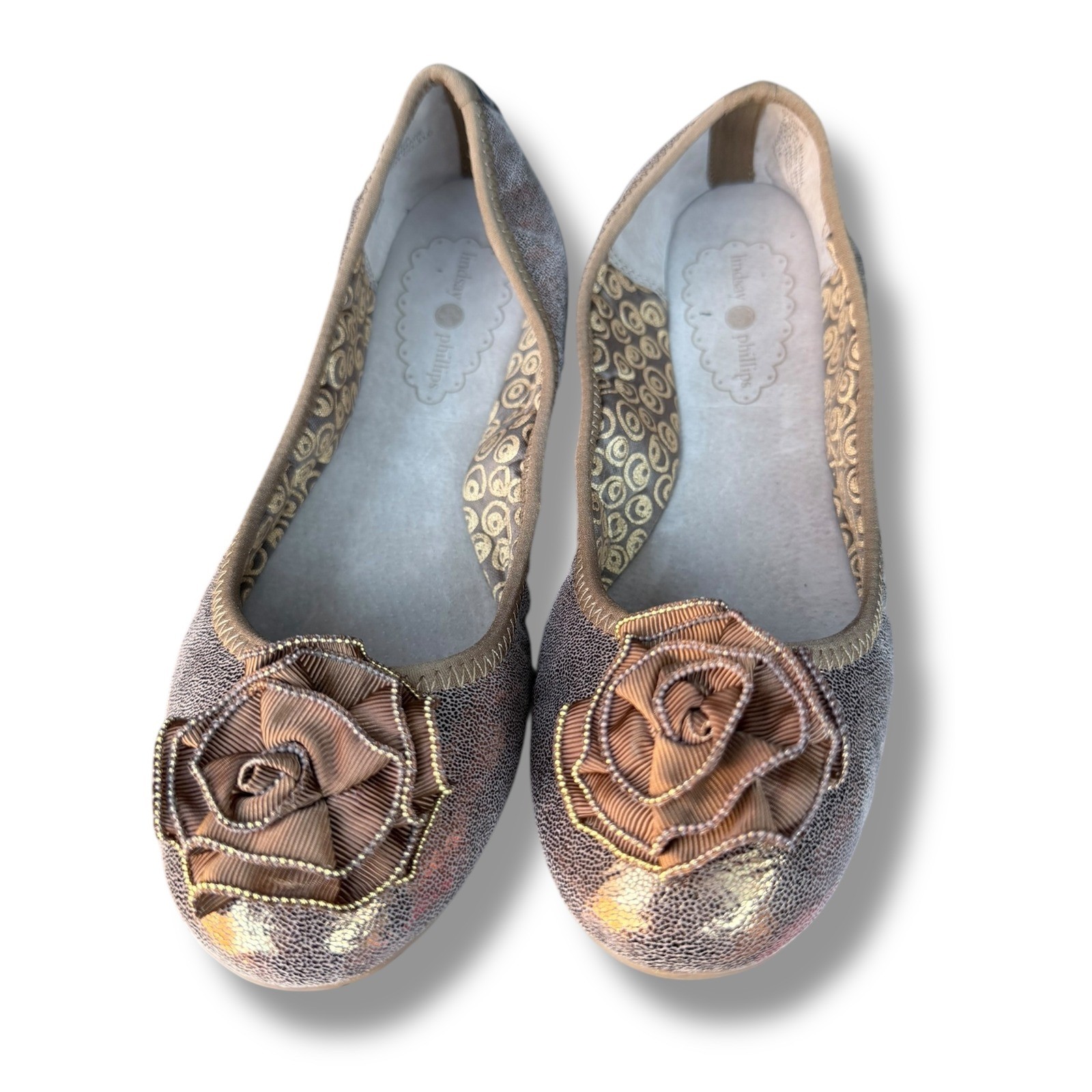 Lindsay Phillips Liz Ballet Flats Metallic Bronze Leather Rose Embellishment 7.5