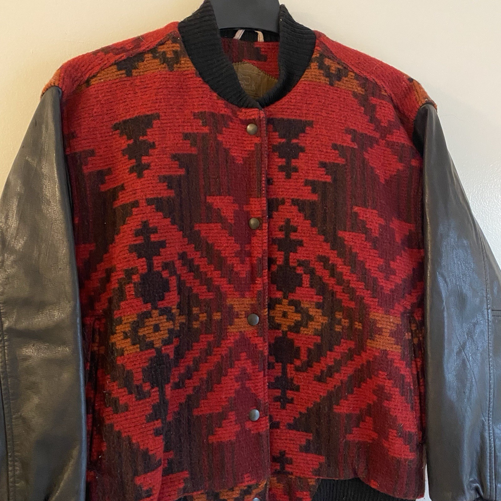 Vintage 90s Woolrich Aztec Jacket Bomber Wool Small USA Southwestern Leather 80s