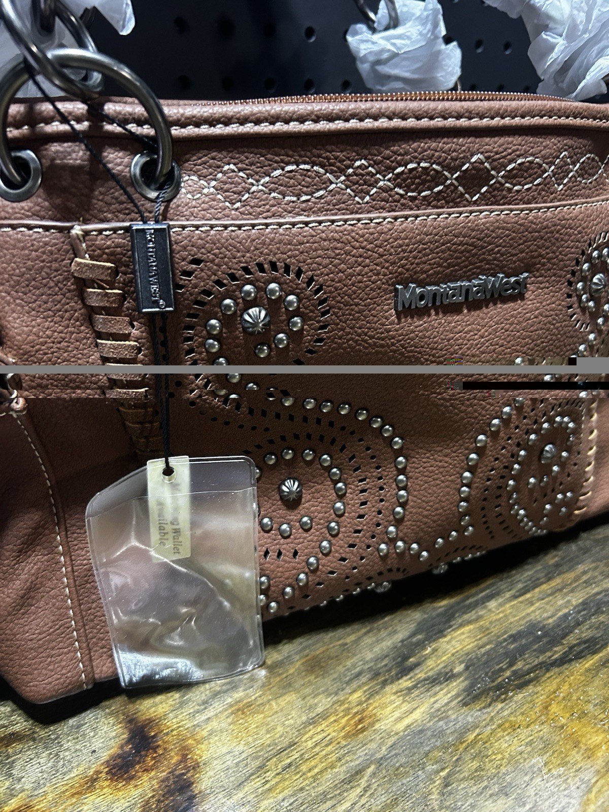 Montana West Brown Studded Pebbled Satchel Top Handle Zip Lined Pockets Strap