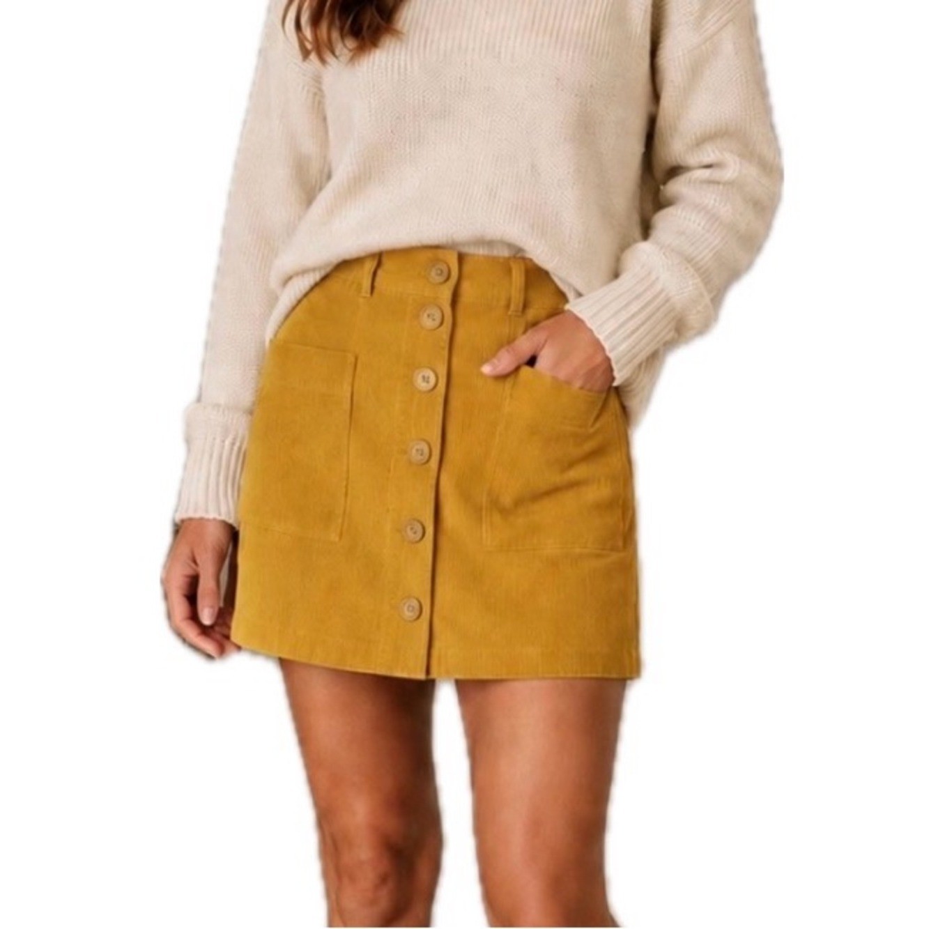 Hesperus Large Cotton Yellow Skirt Elastic Waist Large Pockets Button Front