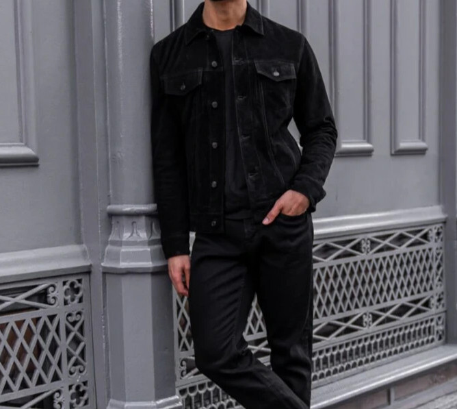 Men’s Black Suede Leather Jacket Trucker Classic Vintage Durable Coat Jacket