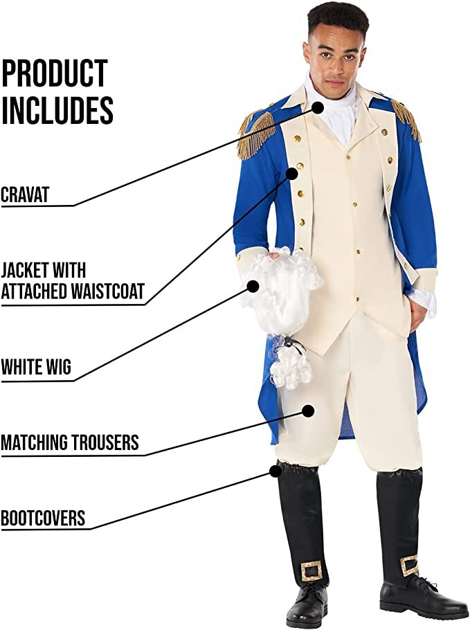 Men`s George Washington Costume + Wig Adult Colonial President Outfit Halloween