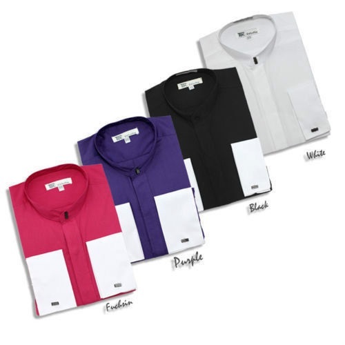 New Men’s Hidden Button French Cuff Mandarin Collar Collarless Dress Shirts 01NF