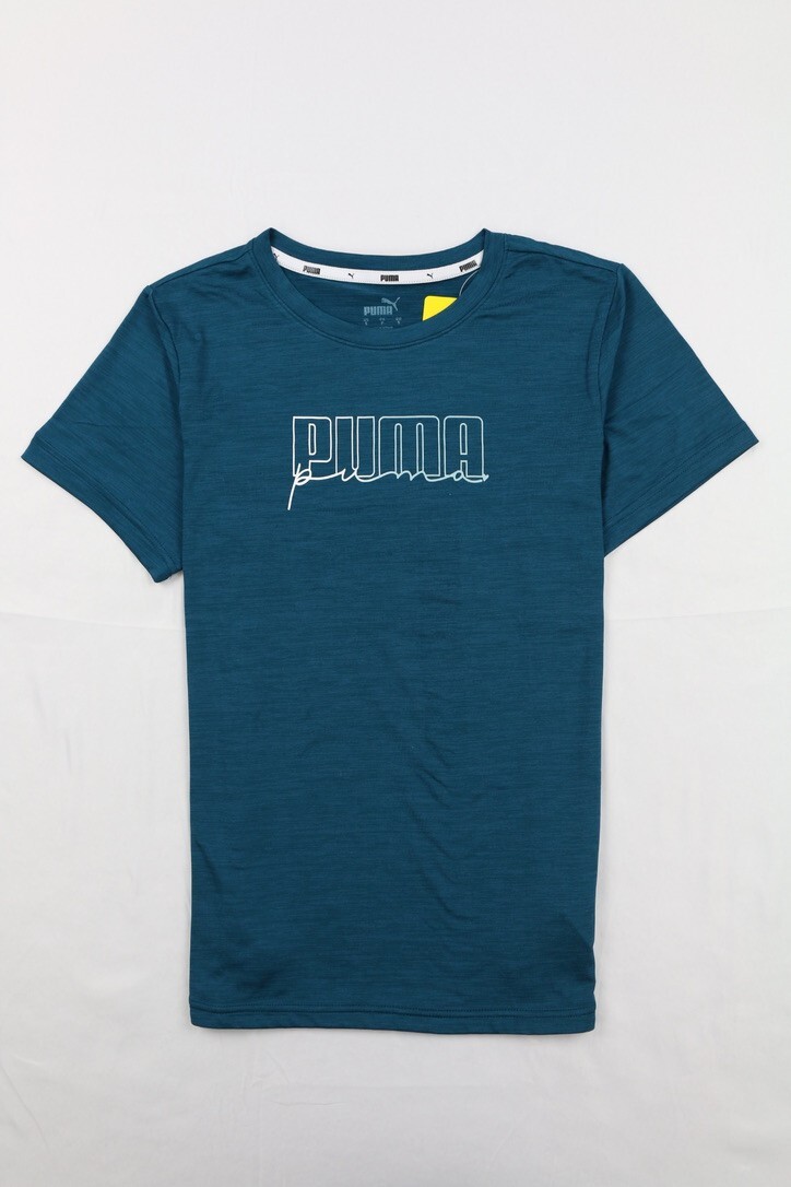 PUMA Womens Short Sleeve Logo Tee Lightweight Blue S Spell Out Logo Crew Neck