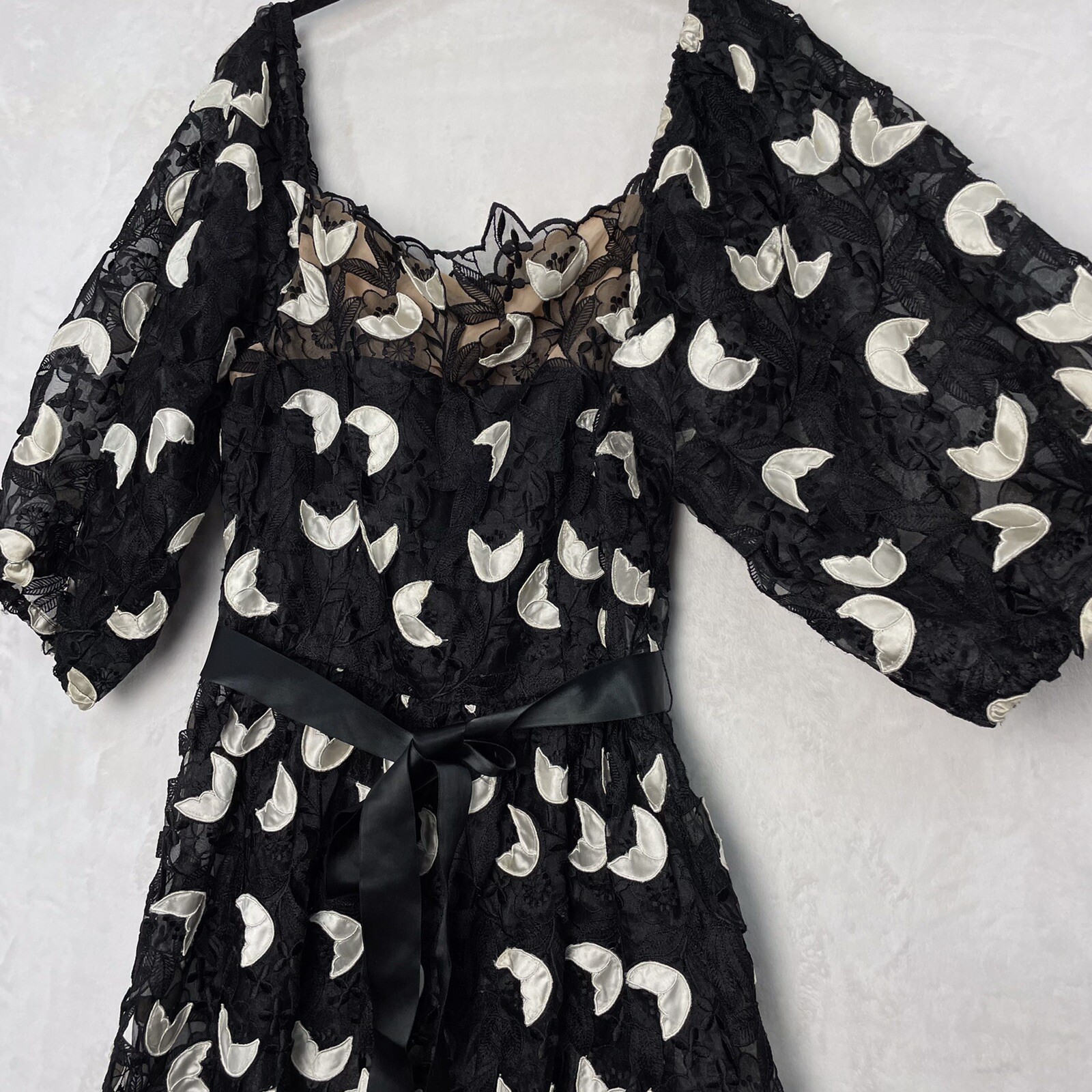 VTG Richilene New York Appliqué Dress Black White Floral Lace 14 L Union 80s USA