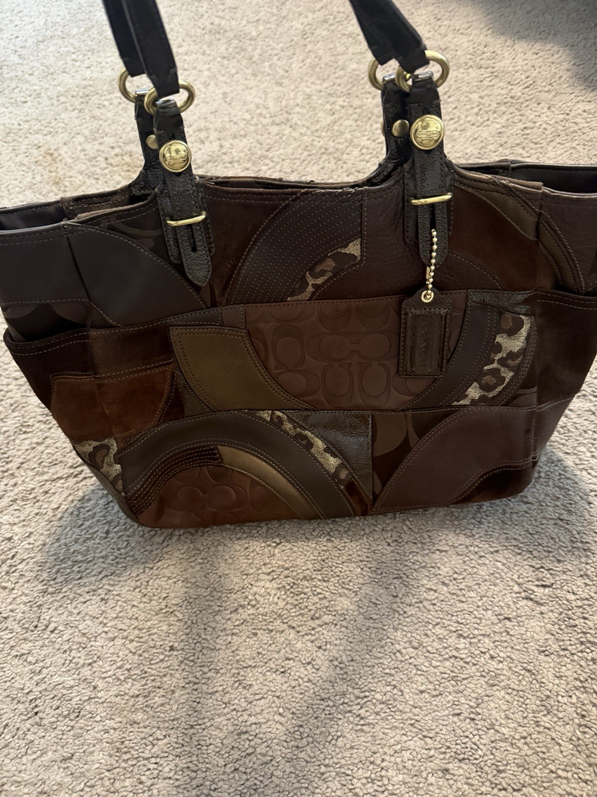 Coach Brown Patchwork Logo Tote Zip Top Burgundy Lining Gold Hardware Charm