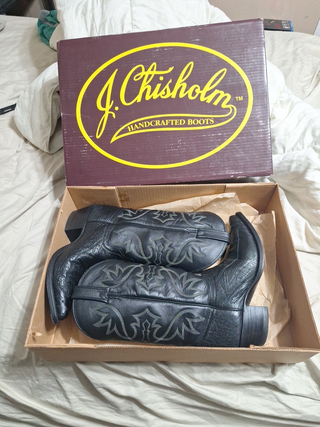 J Chisholm Cowboy Boots 8D, Exotic Ostrich Leg Leather, Excellent. Handmade USA