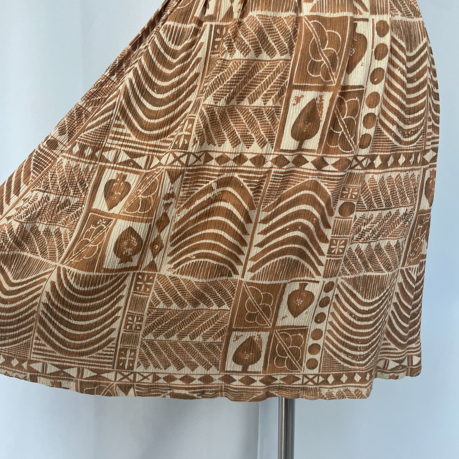 Vintage A Line Mini Skirt Small Brown Tan Tribal Boho Lagenlook Pleated Skater